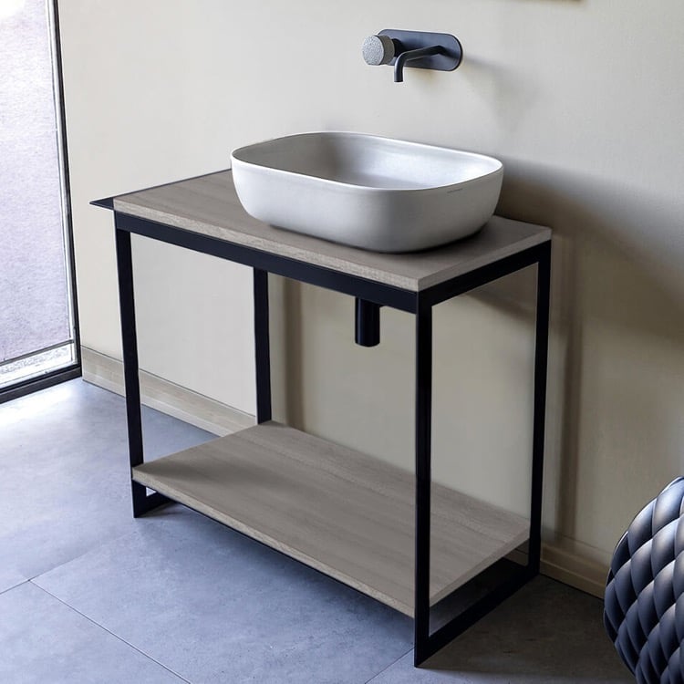 Scarabeo 1804-SOL4-88-No Hole Console Sink Vanity With Ceramic Vessel Sink and Grey Oak Shelf